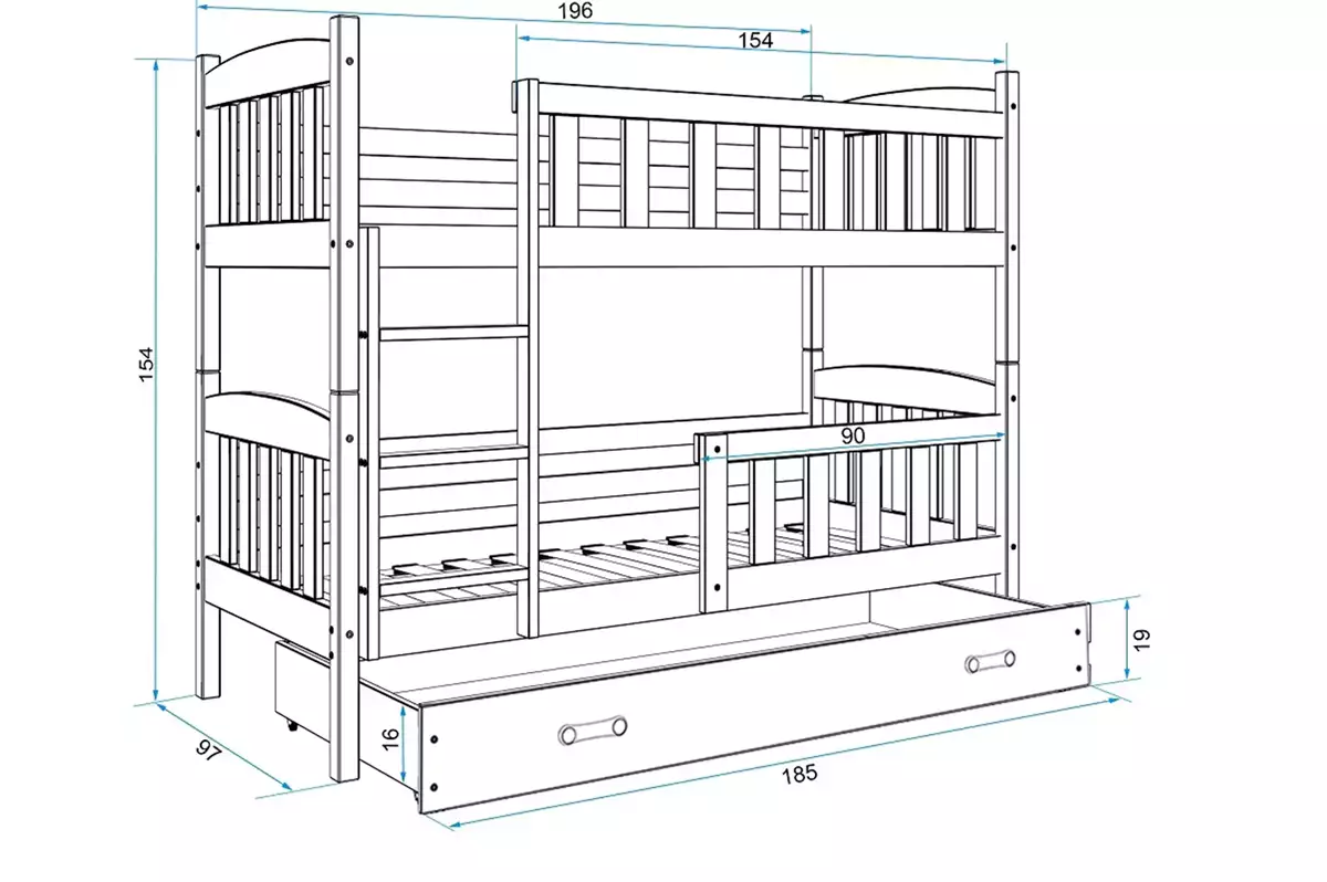 Dimensions et spécifications pour Lit ado superposé Jacquot 90X190 avec matelas et tiroir, pin/blanc Dimensions et spécifications pour Lit ado superposé Jacquot 90X190 avec matelas et tiroir, pin/blanc