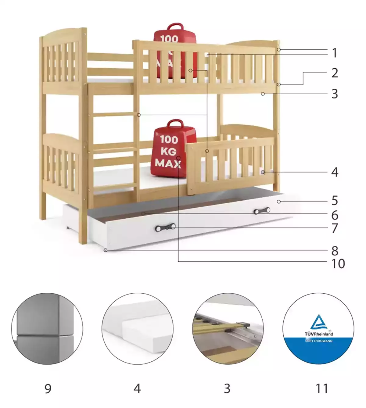 Composants pour Lit ado superposé Jacquot 90X190 avec matelas et tiroir, pin/blanc Composants pour Lit ado superposé Jacquot 90X190 avec matelas et tiroir, pin/blanc