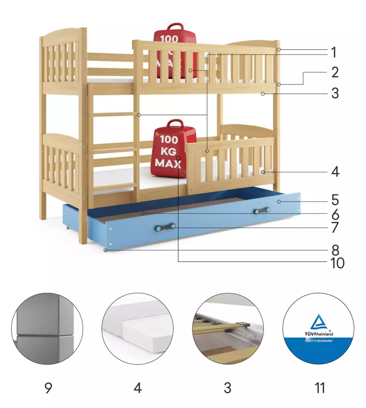 Composants pour Lit ado superposé Jacquot 90X190 avec matelas et tiroir, pin/bleu Composants pour Lit ado superposé Jacquot 90X190 avec matelas et tiroir, pin/bleu