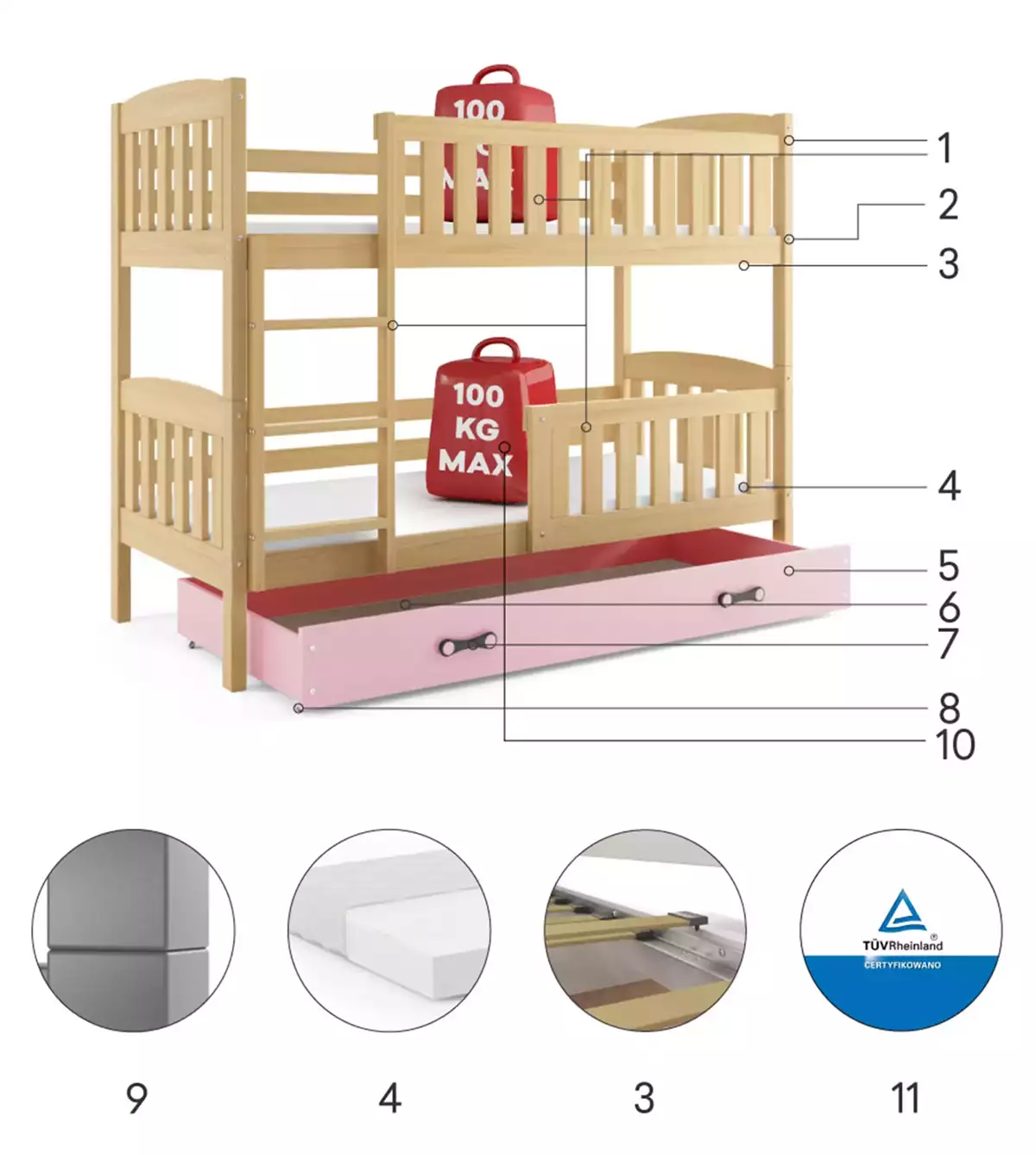 Composants pour Lit ado superposé Jacquot 90X190 avec matelas et tiroir, pin/rose Composants pour Lit ado superposé Jacquot 90X190 avec matelas et tiroir, pin/rose