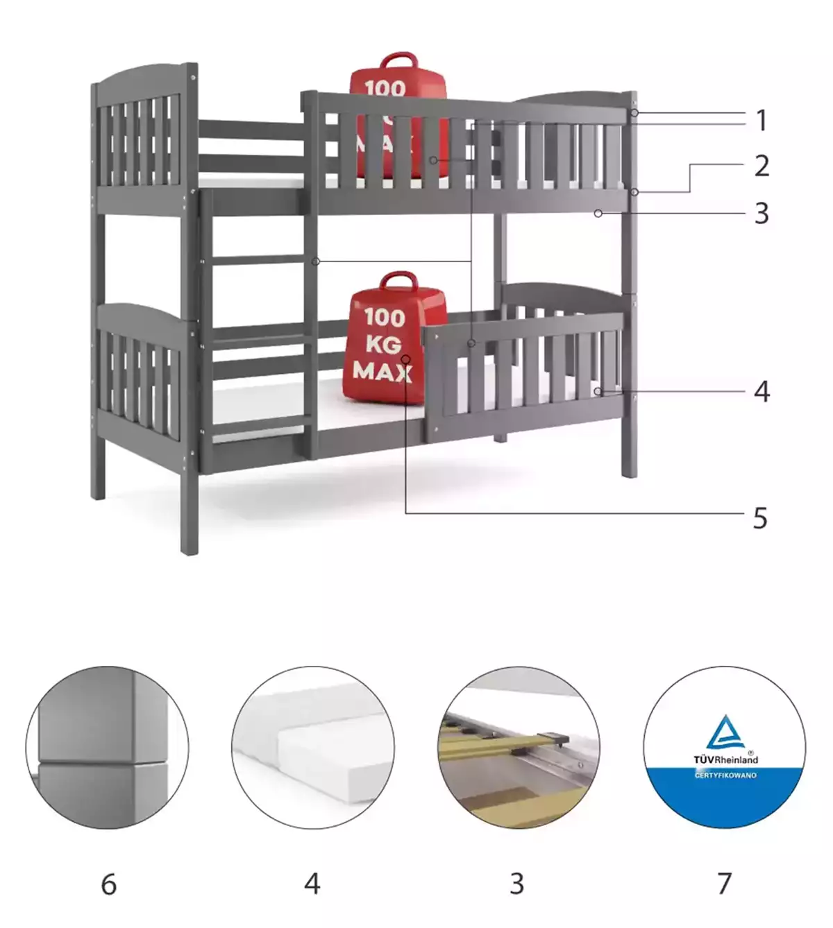 Composants pour Lit ado superposé Jacquot 90X190 avec matelas, gris Composants pour Lit ado superposé Jacquot 90X190 avec matelas, gris