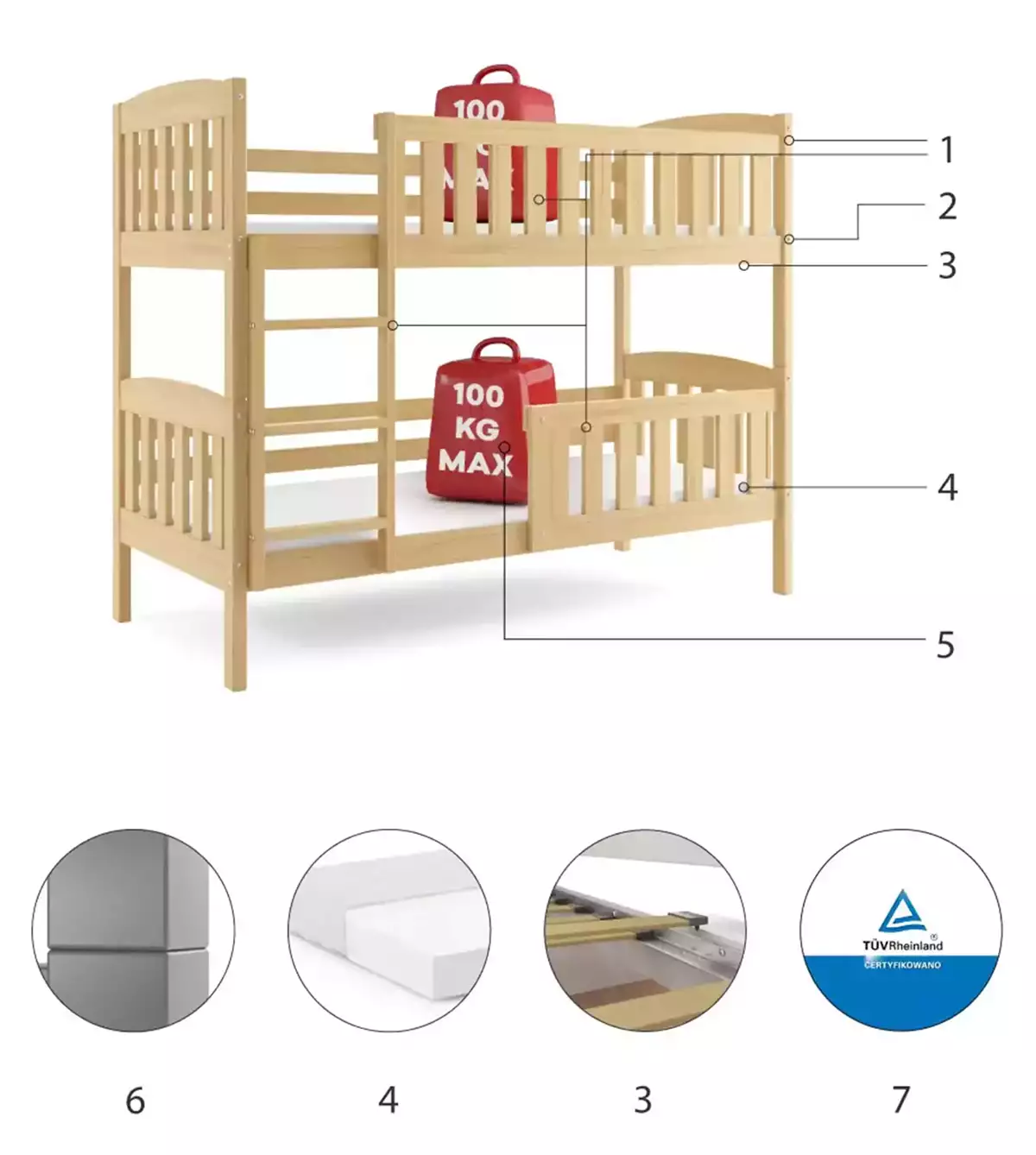 Composants pour Lit ado superposé Jacquot 90X190 avec matelas, pin Composants pour Lit ado superposé Jacquot 90X190 avec matelas, pin