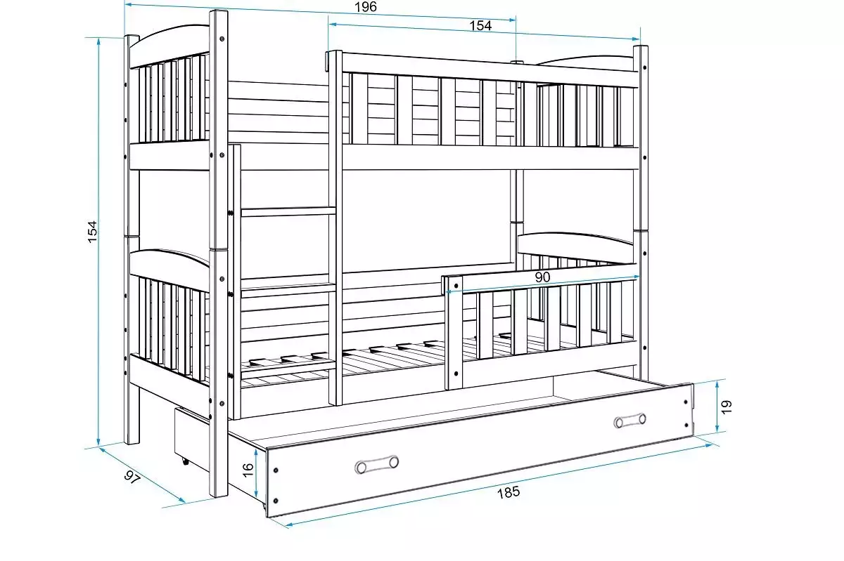 Dimensions et spécifications pour Lit ado superposé Jacquot 90X190 avec tiroir, pin/blanc Dimensions et spécifications pour Lit ado superposé Jacquot 90X190 avec tiroir, pin/blanc