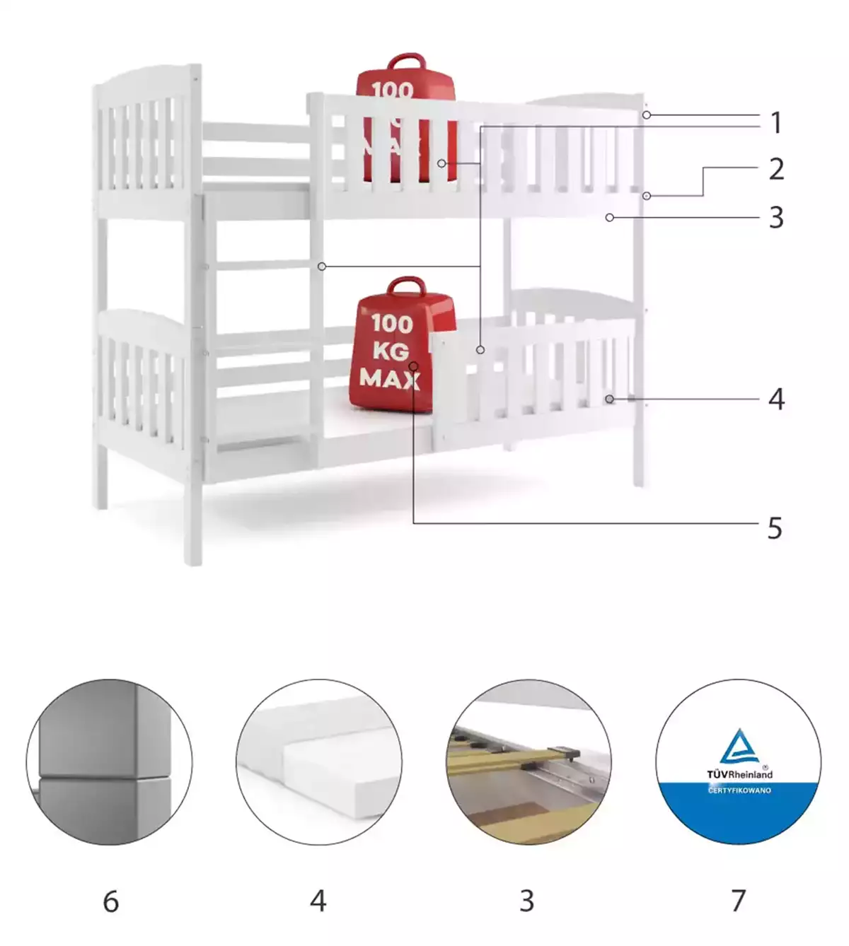 Composants pour Lit ado superposé Jacquot 90X200 avec matelas, blanc Composants pour Lit ado superposé Jacquot 90X200 avec matelas, blanc