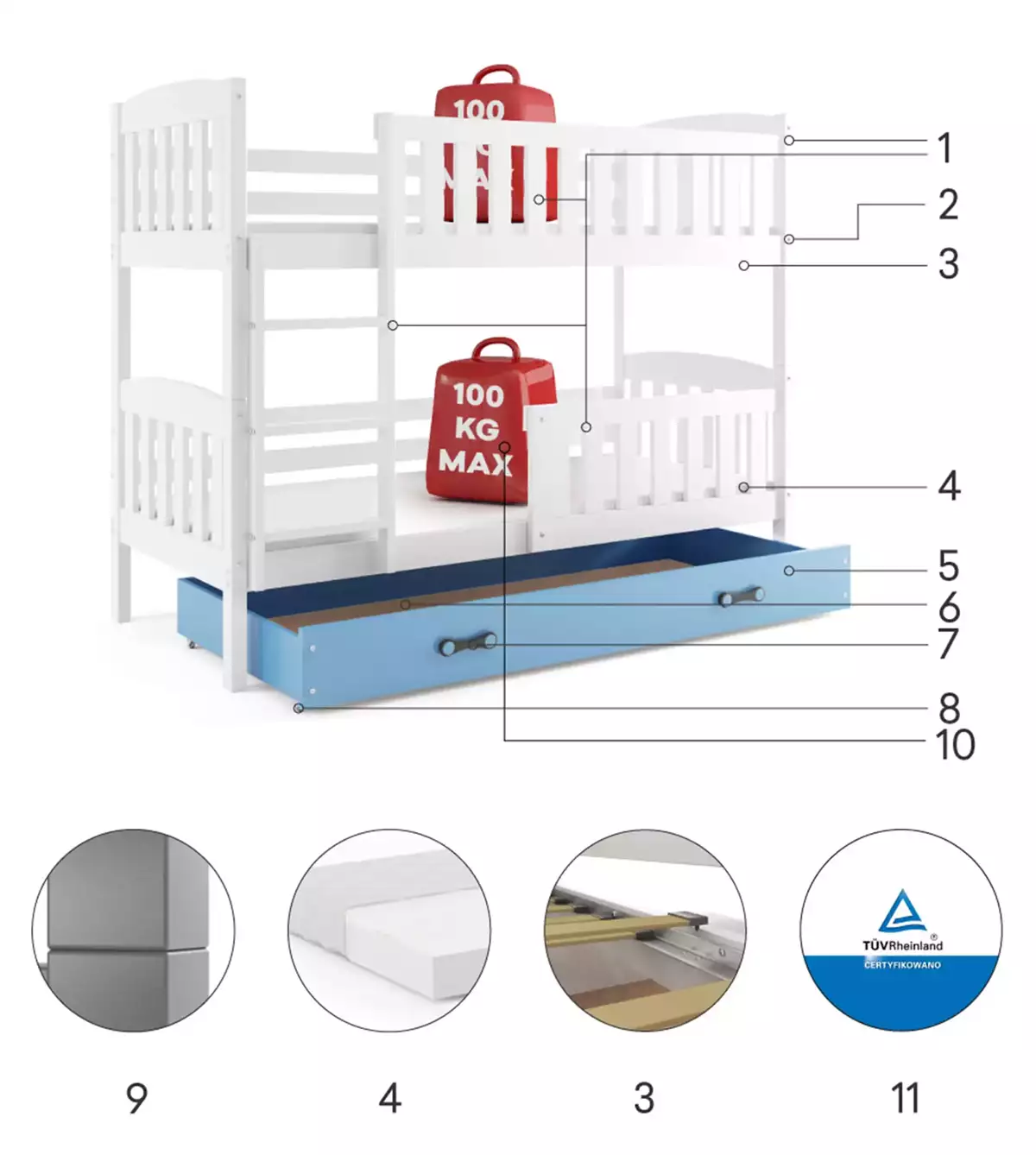Composants pour Lit ado superposé Jacquot 90X200 avec matelas et tiroir, blanc/bleu Composants pour Lit ado superposé Jacquot 90X200 avec matelas et tiroir, blanc/bleu