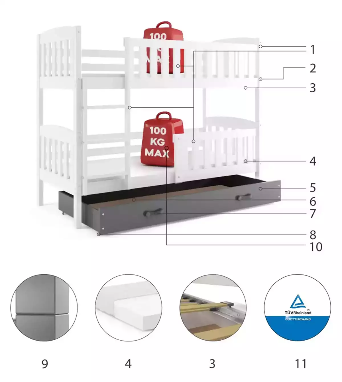Composants pour Lit ado superposé Jacquot 90X200 avec matelas et tiroir, blanc/gris Composants pour Lit ado superposé Jacquot 90X200 avec matelas et tiroir, blanc/gris