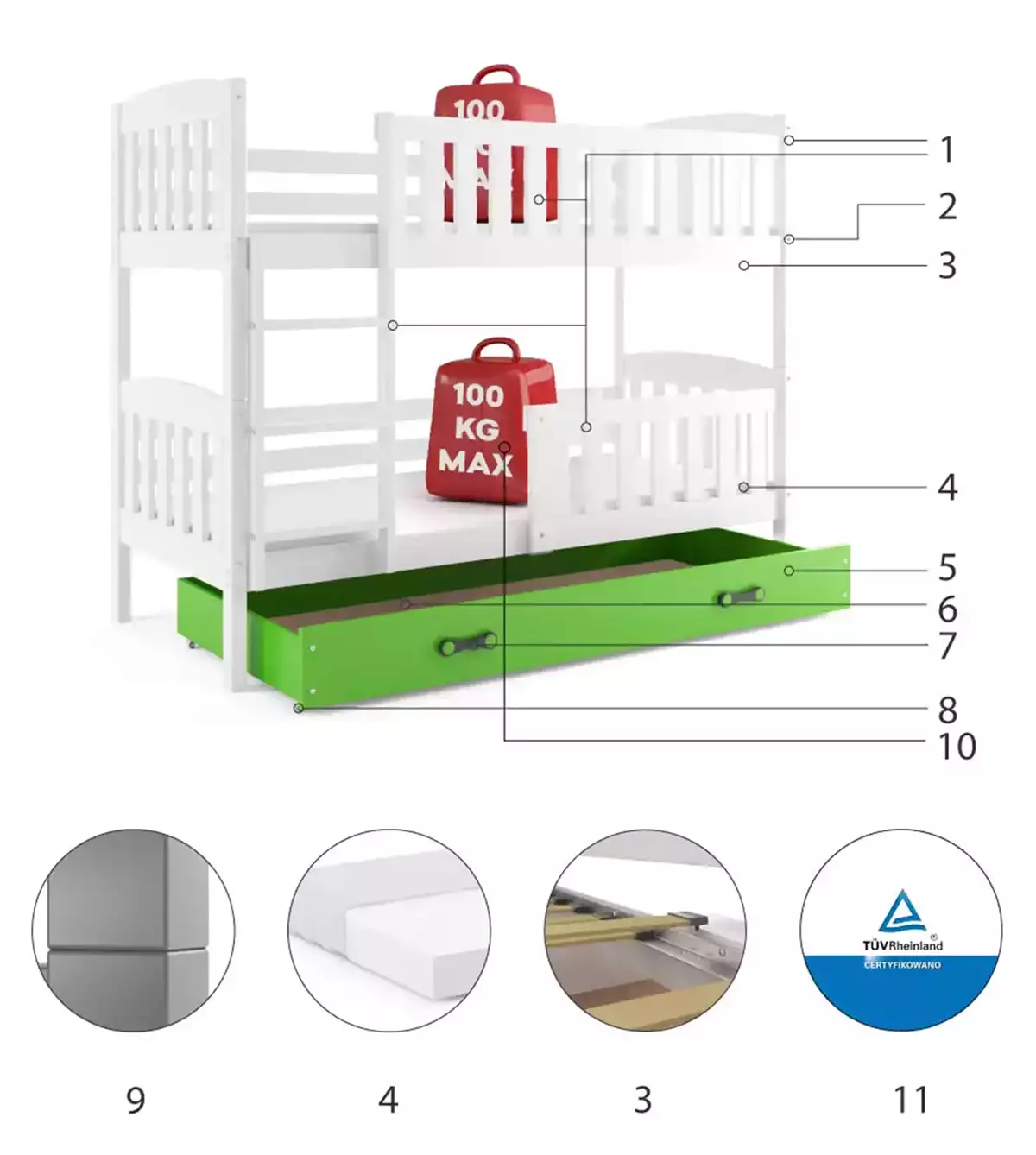 Composants pour Lit ado superposé Jacquot 90X200 avec matelas et tiroir, blanc/vert Composants pour Lit ado superposé Jacquot 90X200 avec matelas et tiroir, blanc/vert