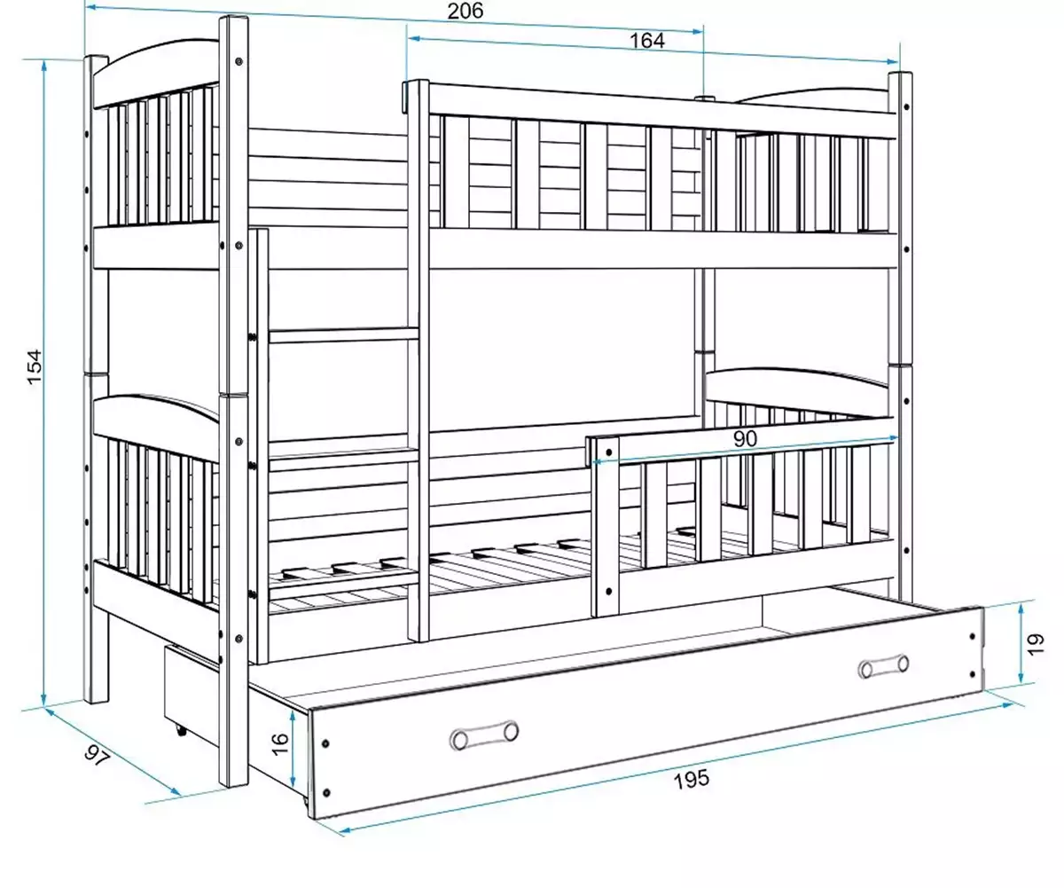 Dimensions et spécifications pour Lit ado superposé Jacquot 90X200 avec matelas et tiroir, gris/vert Dimensions et spécifications pour Lit ado superposé Jacquot 90X200 avec matelas et tiroir, gris/vert
