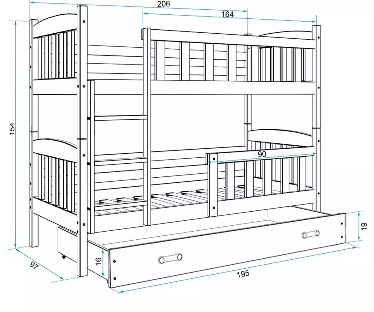 Dimensions et spécifications pour Lit ado superposé Jacquot 90X200 avec matelas et tiroir, pin/vert Dimensions et spécifications pour Lit ado superposé Jacquot 90X200 avec matelas et tiroir, pin/vert