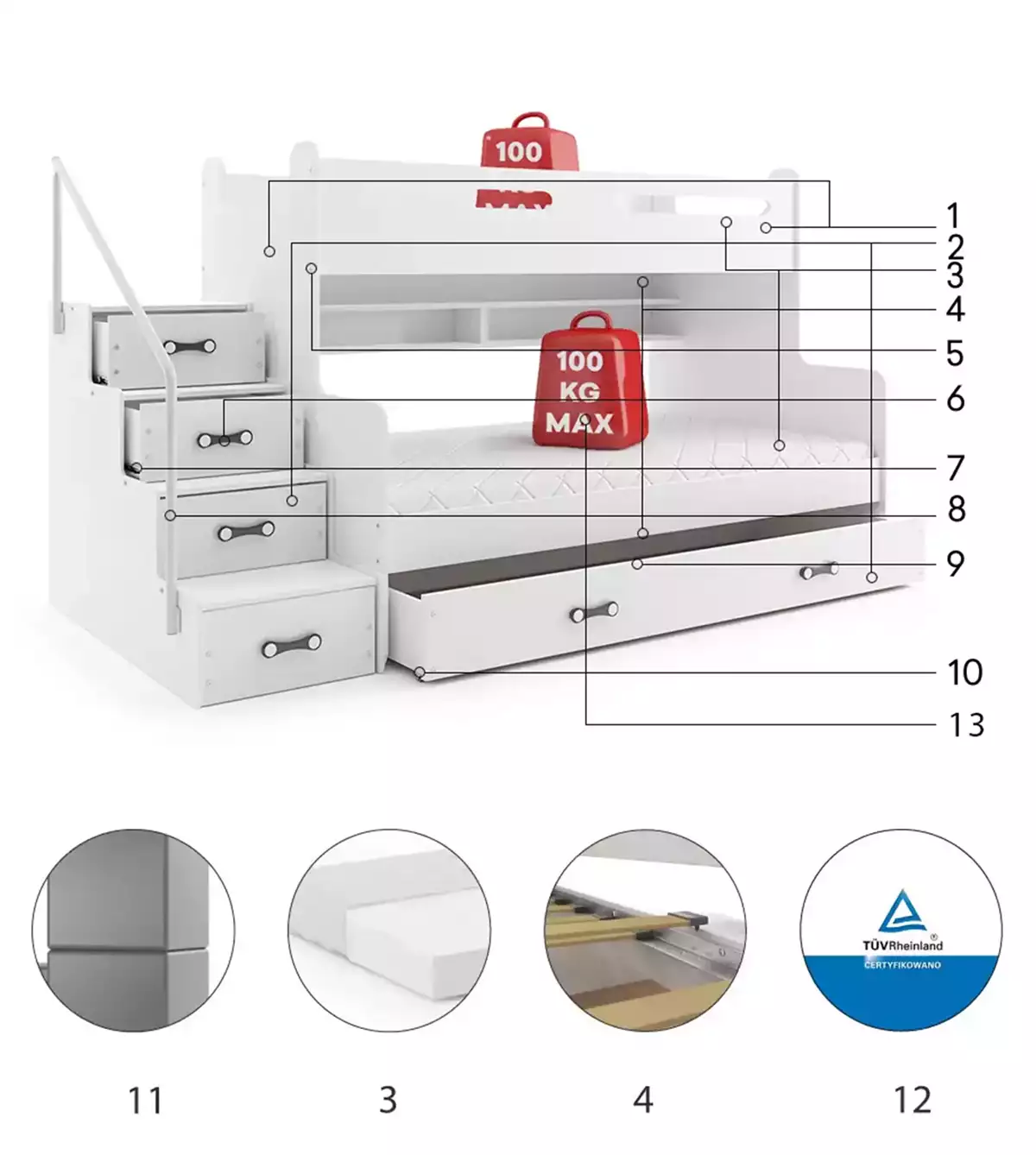 Composants pour Lit ado superposé Max 3 120X200 avec matelas et tiroir, blanc Composants pour Lit ado superposé Max 3 120X200 avec matelas et tiroir, blanc