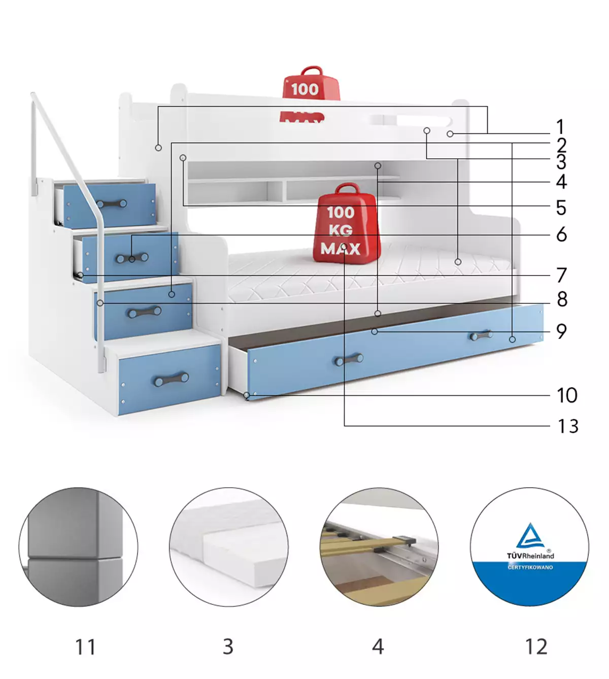 Composants pour Lit ado superposé Max 3 120X200 avec matelas et tiroir, bleu Composants pour Lit ado superposé Max 3 120X200 avec matelas et tiroir, bleu