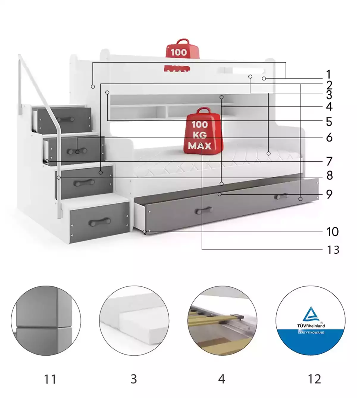 Composants pour Lit ado superposé Max 3 120X200 avec matelas et tiroir, gris Composants pour Lit ado superposé Max 3 120X200 avec matelas et tiroir, gris