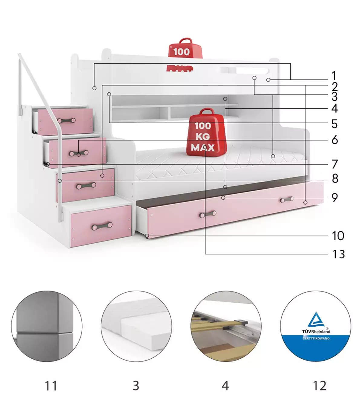 Composants pour Lit ado superposé Max 3 120X200 avec matelas et tiroir, rose