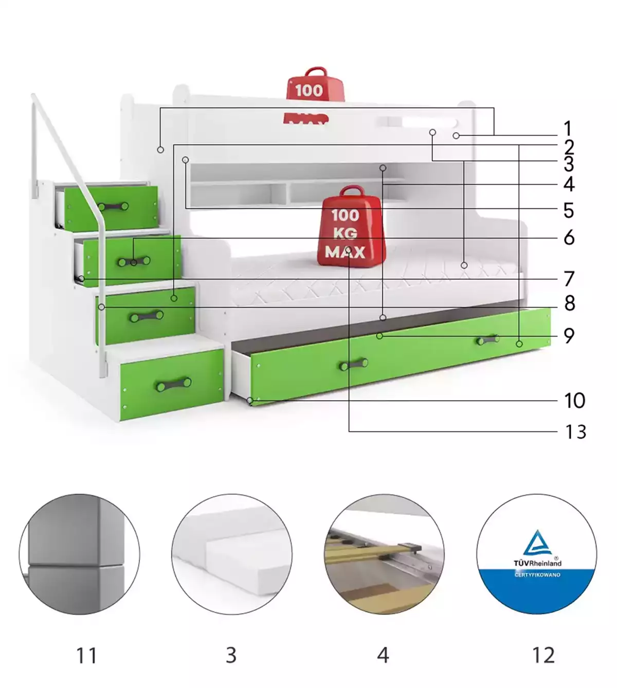 Composants pour Lit ado superposé Max 3 120X200 avec matelas et tiroir, vert Composants pour Lit ado superposé Max 3 120X200 avec matelas et tiroir, vert