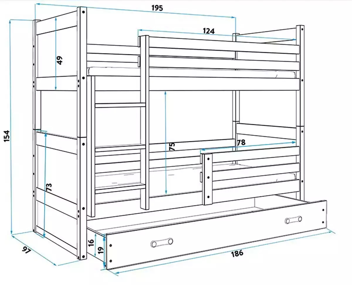 Dimensions et spécifications pour Lit ado superposé Rico 90X190 avec matelas et tiroir, gris/vert Dimensions et spécifications pour Lit ado superposé Rico 90X190 avec matelas et tiroir, gris/vert