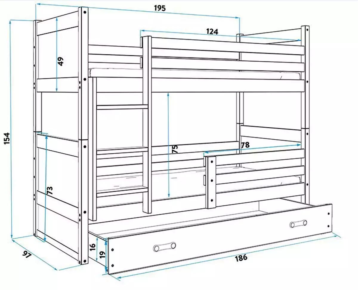 Dimensions et spécifications pour Lit ado superposé Rico 90X190 avec matelas et tiroir, pin/blanc Dimensions et spécifications pour Lit ado superposé Rico 90X190 avec matelas et tiroir, pin/blanc