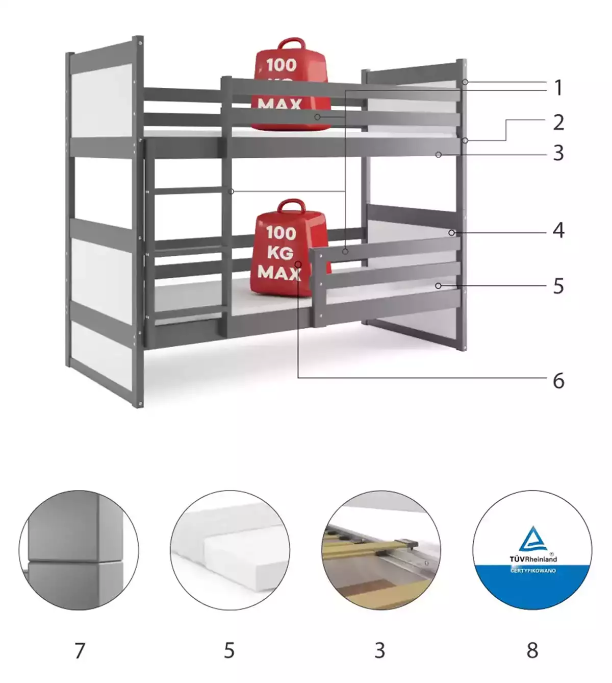 Composants pour Lit ado superposé Rico 90X190 avec matelas, gris/blanc Composants pour Lit ado superposé Rico 90X190 avec matelas, gris/blanc
