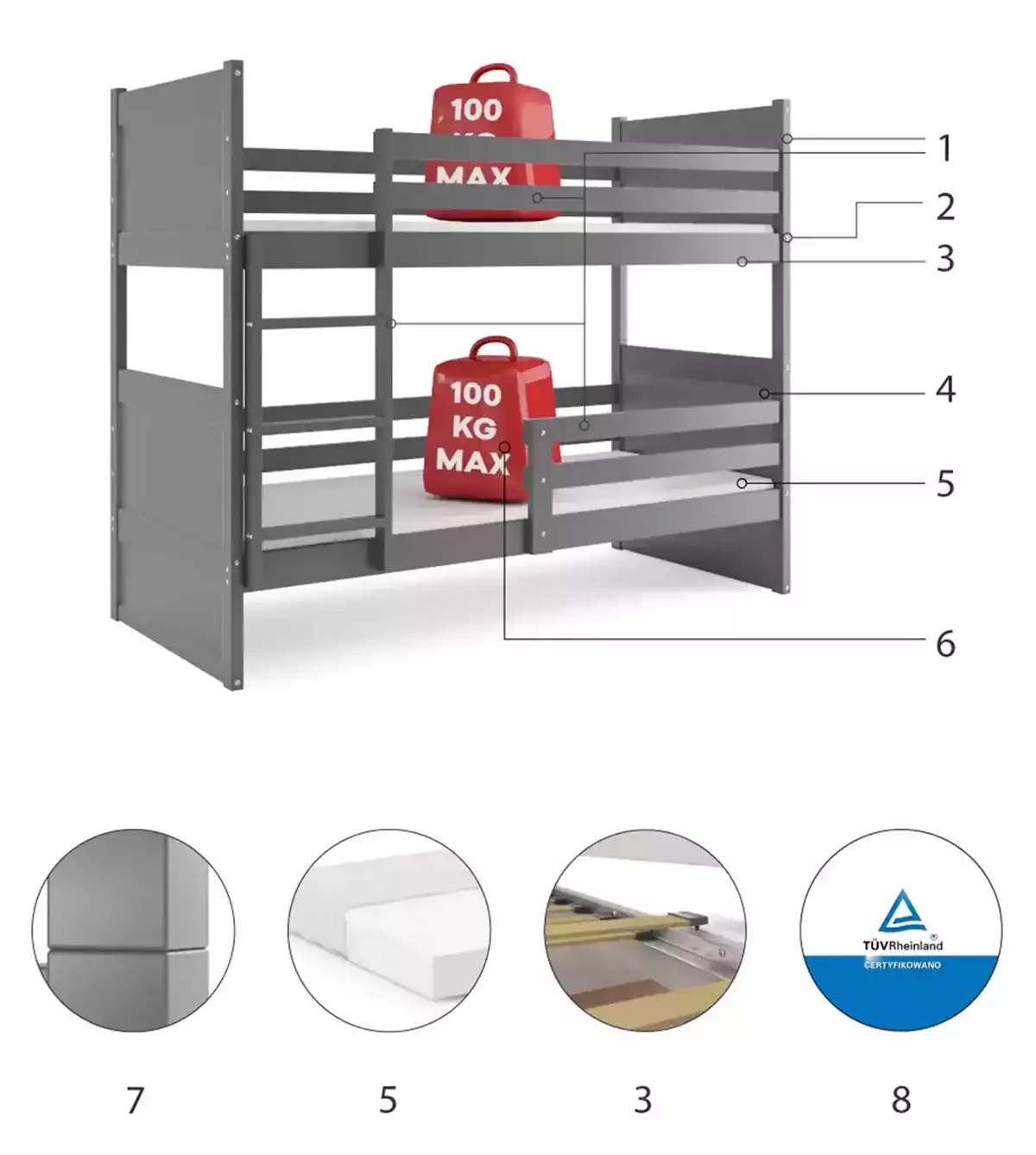 Composants pour Lit ado superposé Rico 90X190 avec matelas, gris Composants pour Lit ado superposé Rico 90X190 avec matelas, gris