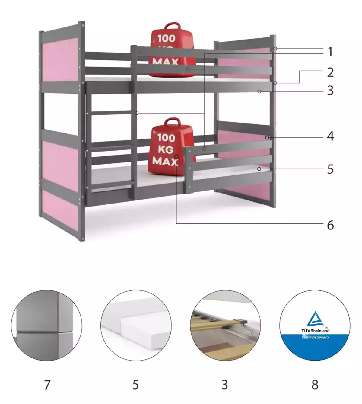 Composants pour Lit ado superposé Rico 90X190 avec matelas, gris/rose Composants pour Lit ado superposé Rico 90X190 avec matelas, gris/rose