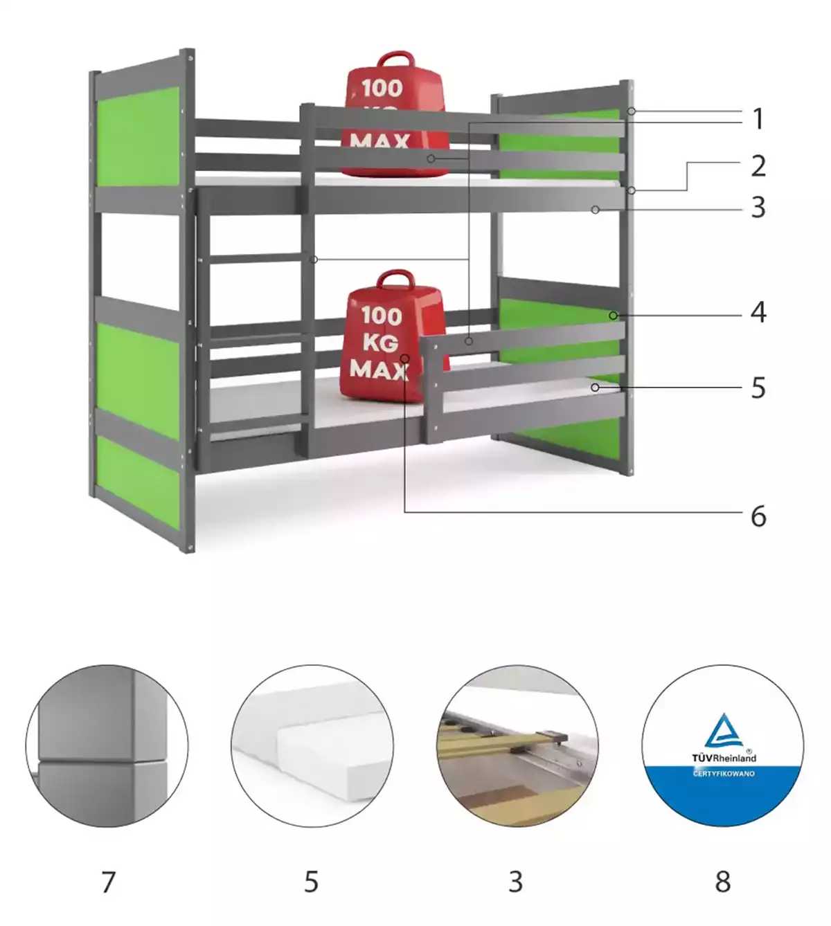 Composants pour Lit ado superposé Rico 90X190 avec matelas, gris/vert Composants pour Lit ado superposé Rico 90X190 avec matelas, gris/vert