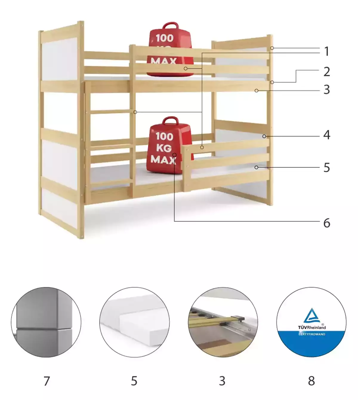 Composants pour Lit ado superposé Rico 90X190 avec matelas, pin/blanc Composants pour Lit ado superposé Rico 90X190 avec matelas, pin/blanc