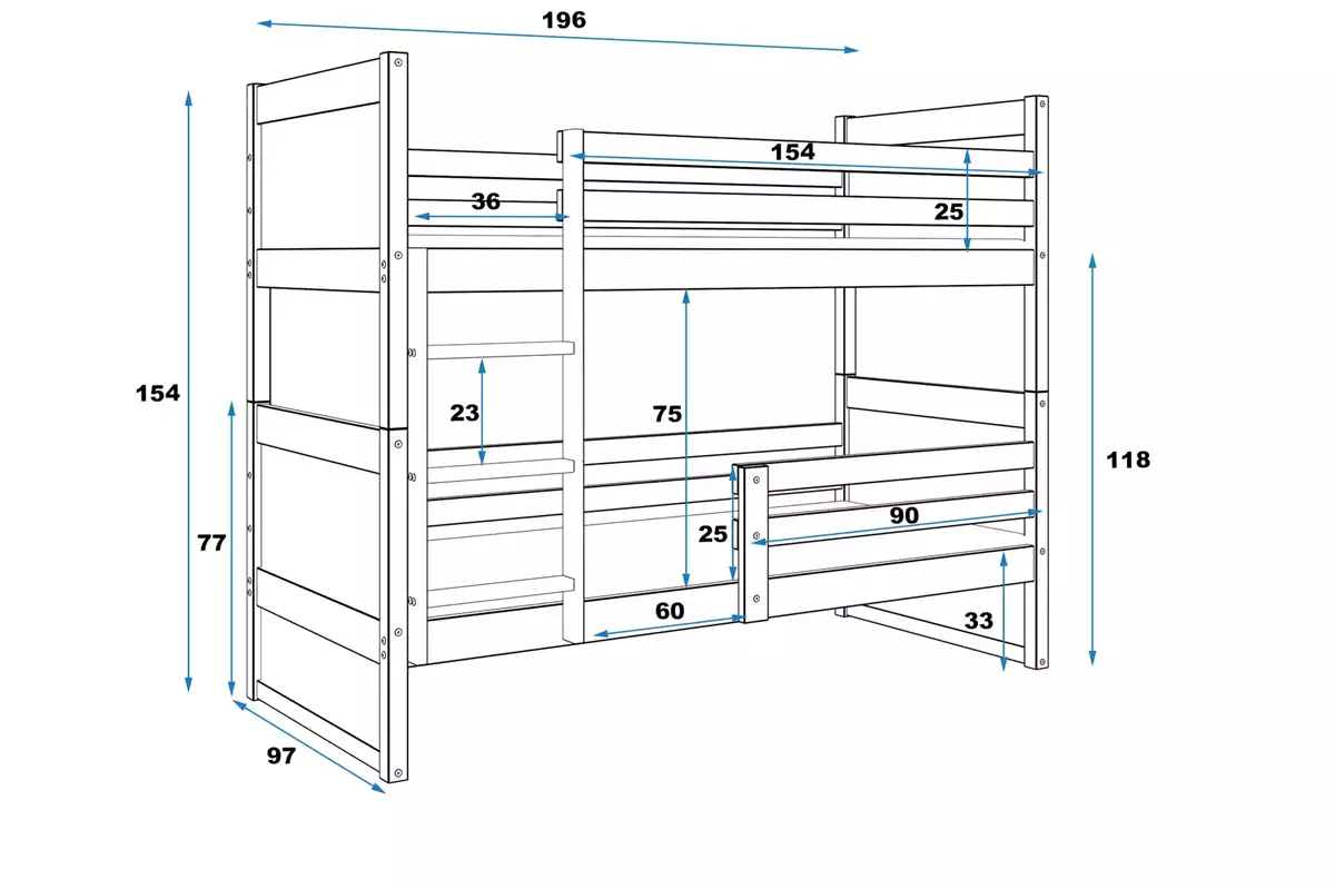 Dimensions et spécifications pour Lit ado superposé Rico 90X190 avec matelas, pin/vert Dimensions et spécifications pour Lit ado superposé Rico 90X190 avec matelas, pin/vert