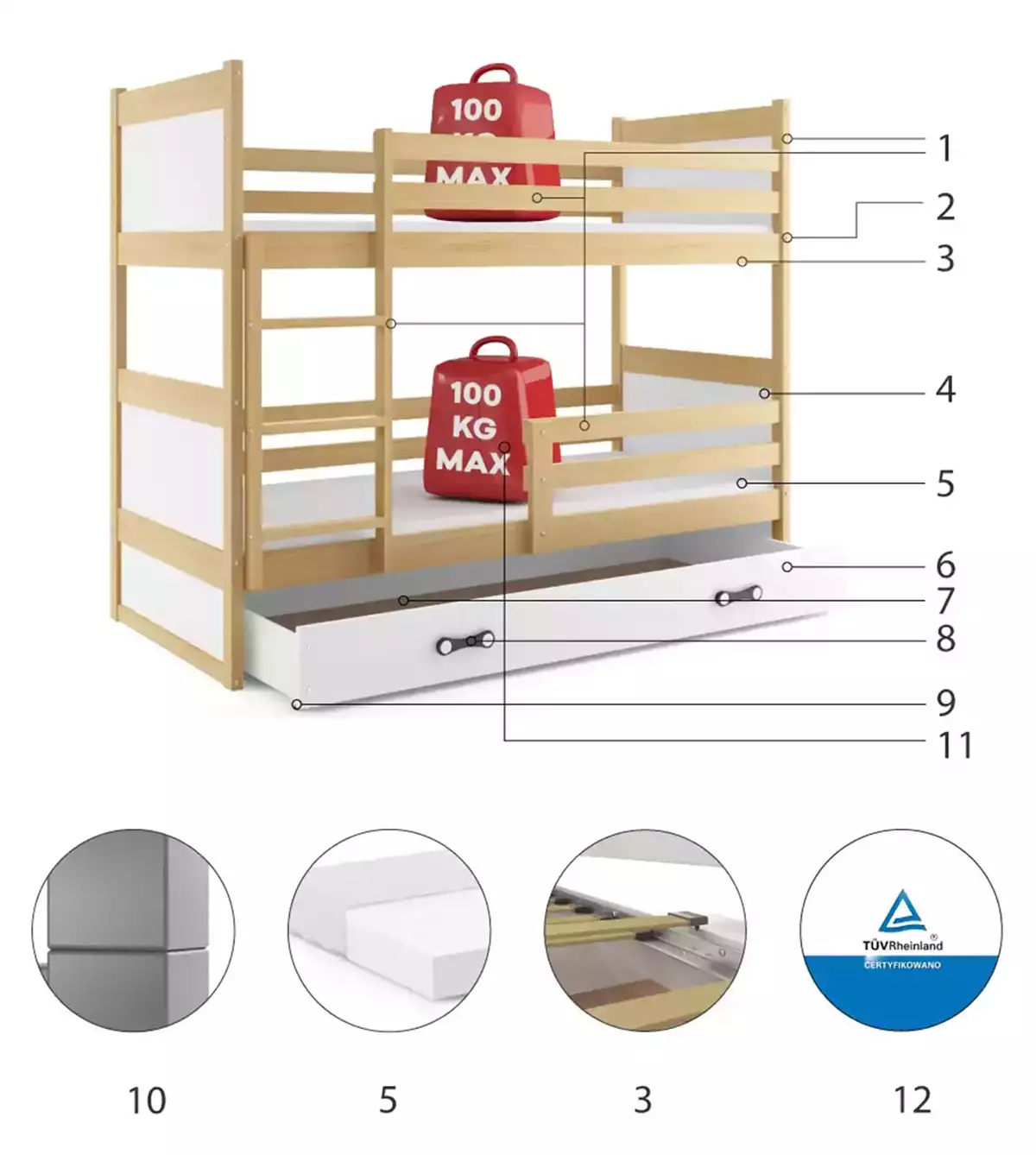Composants pour Lit ado superposé Rico 90X190 avec tiroir, pin/blanc Composants pour Lit ado superposé Rico 90X190 avec tiroir, pin/blanc