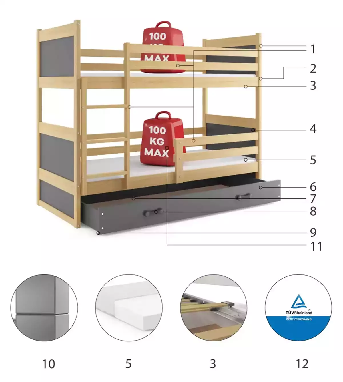 Composants pour Lit ado superposé Rico 90X190 avec tiroir, pin/gris Composants pour Lit ado superposé Rico 90X190 avec tiroir, pin/gris