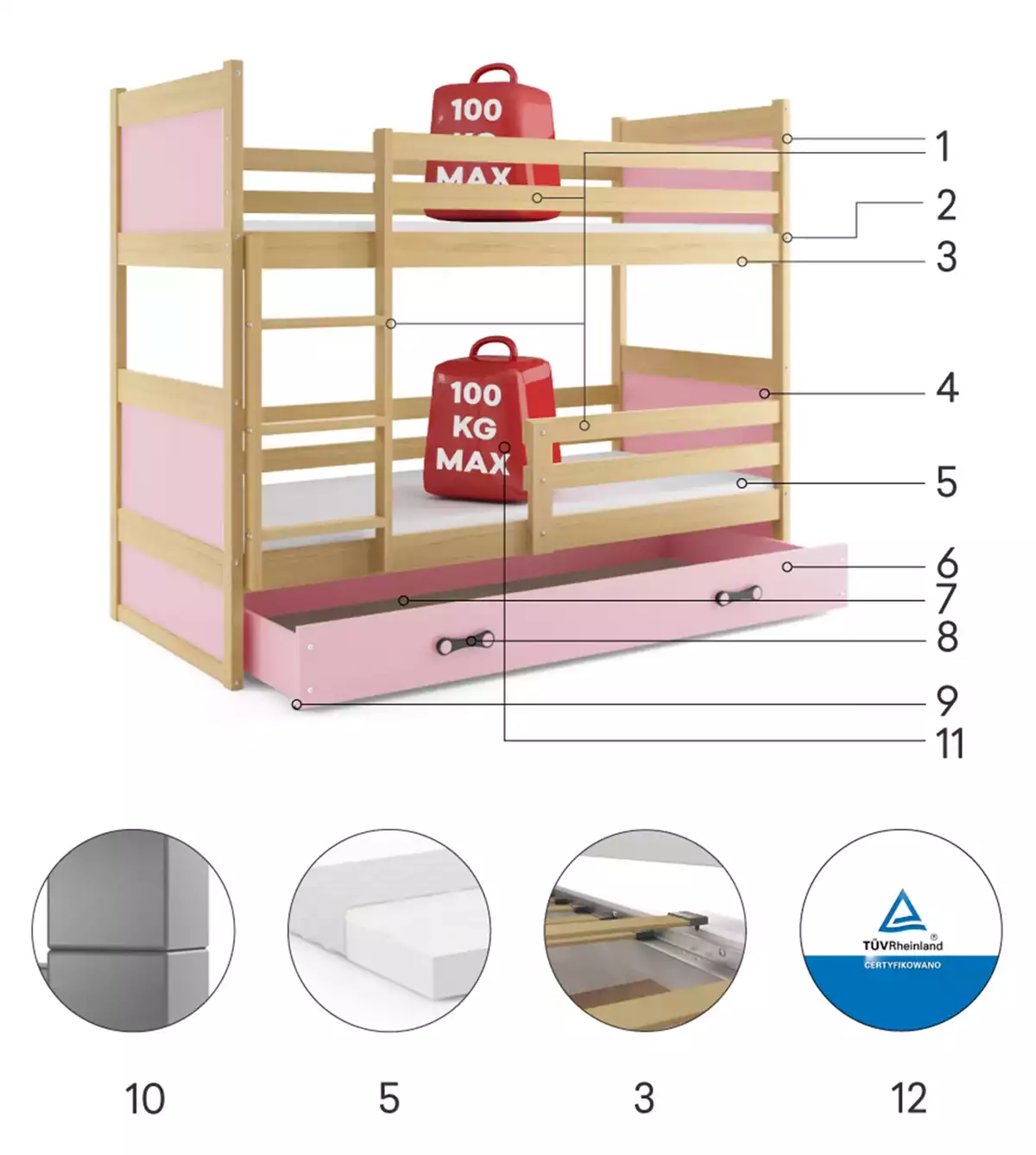 Composants pour Lit ado superposé Rico 90X190 avec tiroir, pin/rose Composants pour Lit ado superposé Rico 90X190 avec tiroir, pin/rose