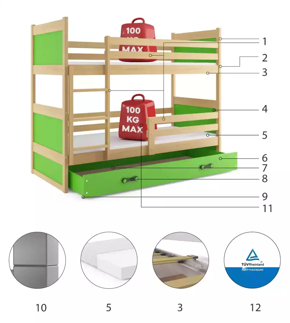 Composants pour Lit ado superposé Rico 90X190 avec tiroir, pin/vert Composants pour Lit ado superposé Rico 90X190 avec tiroir, pin/vert