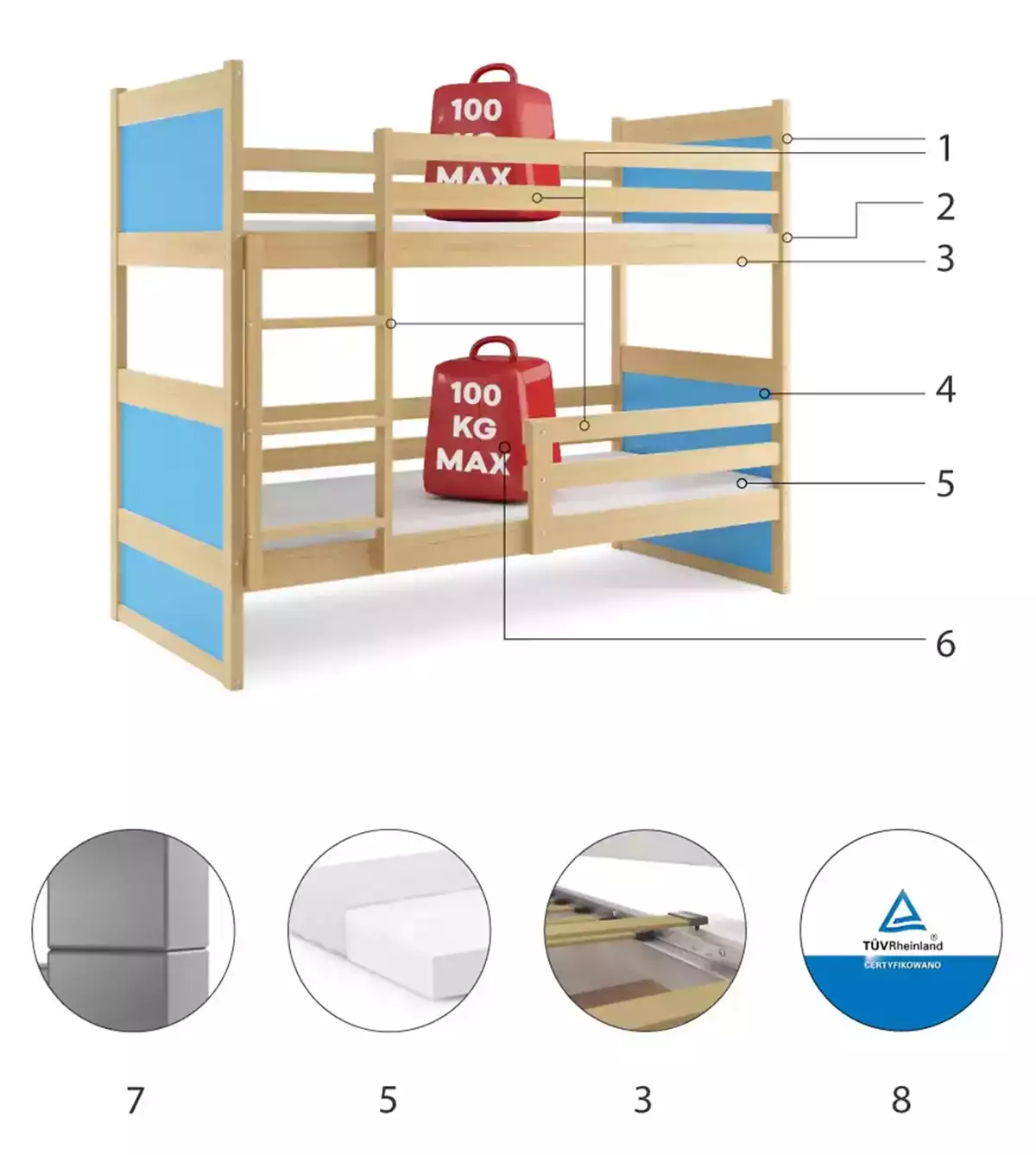 Composants pour Lit ado superposé Rico 90X190, pin/bleu Composants pour Lit ado superposé Rico 90X190, pin/bleu