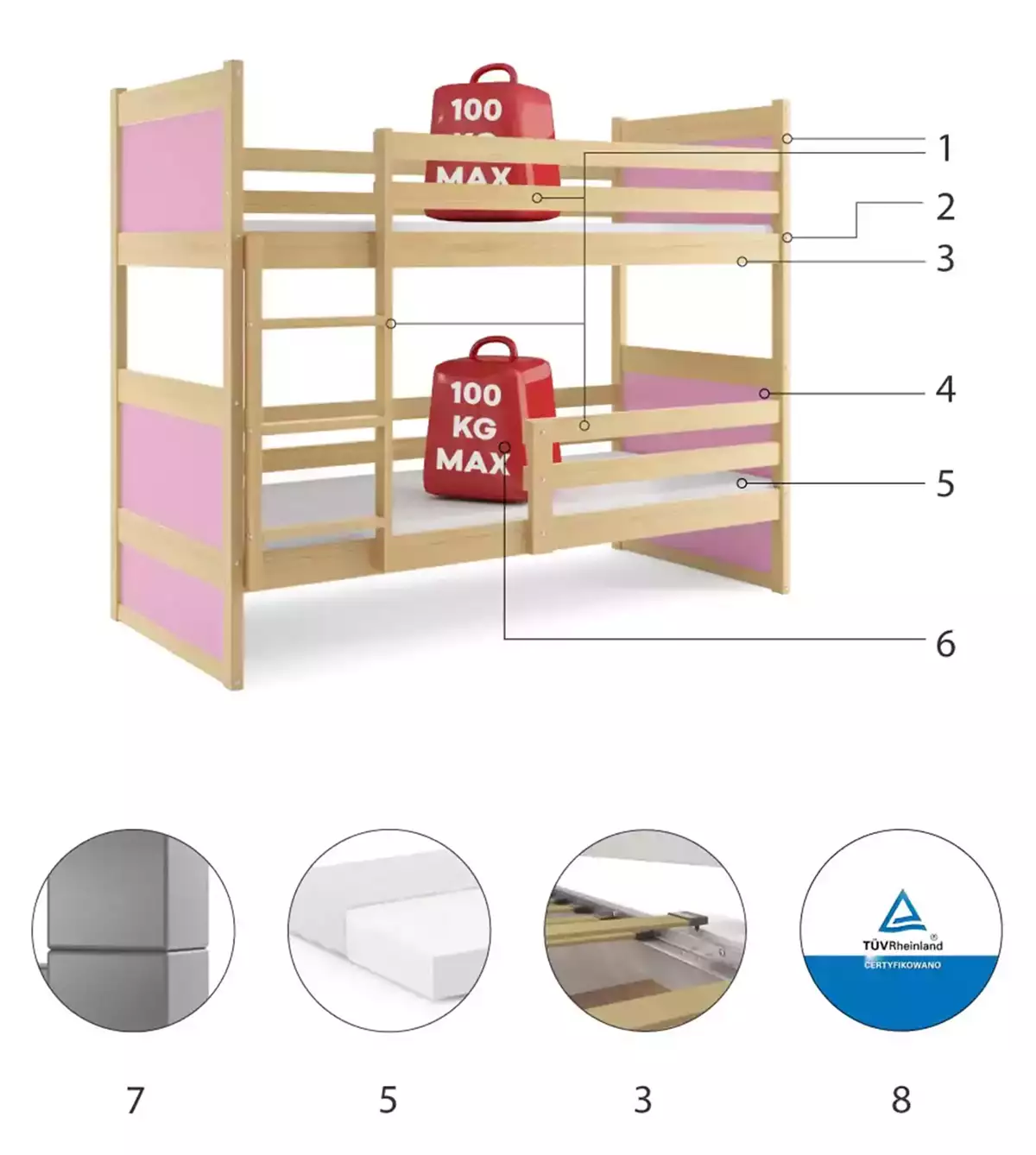 Composants pour Lit ado superposé Rico 90X190, pin/rose Composants pour Lit ado superposé Rico 90X190, pin/rose
