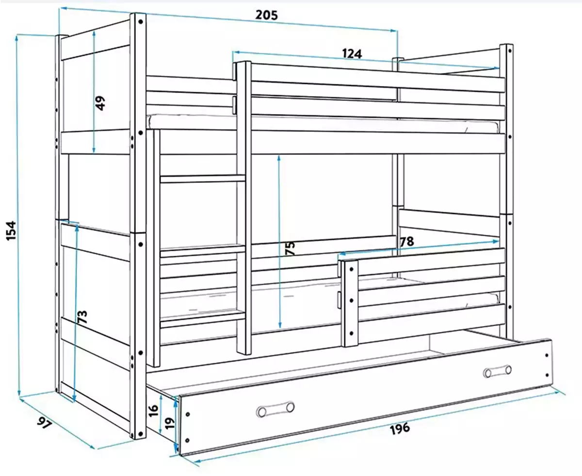 Dimensions et spécifications pour Lit ado superposé Rico 90X200 avec matelas et tiroir, gris/vert