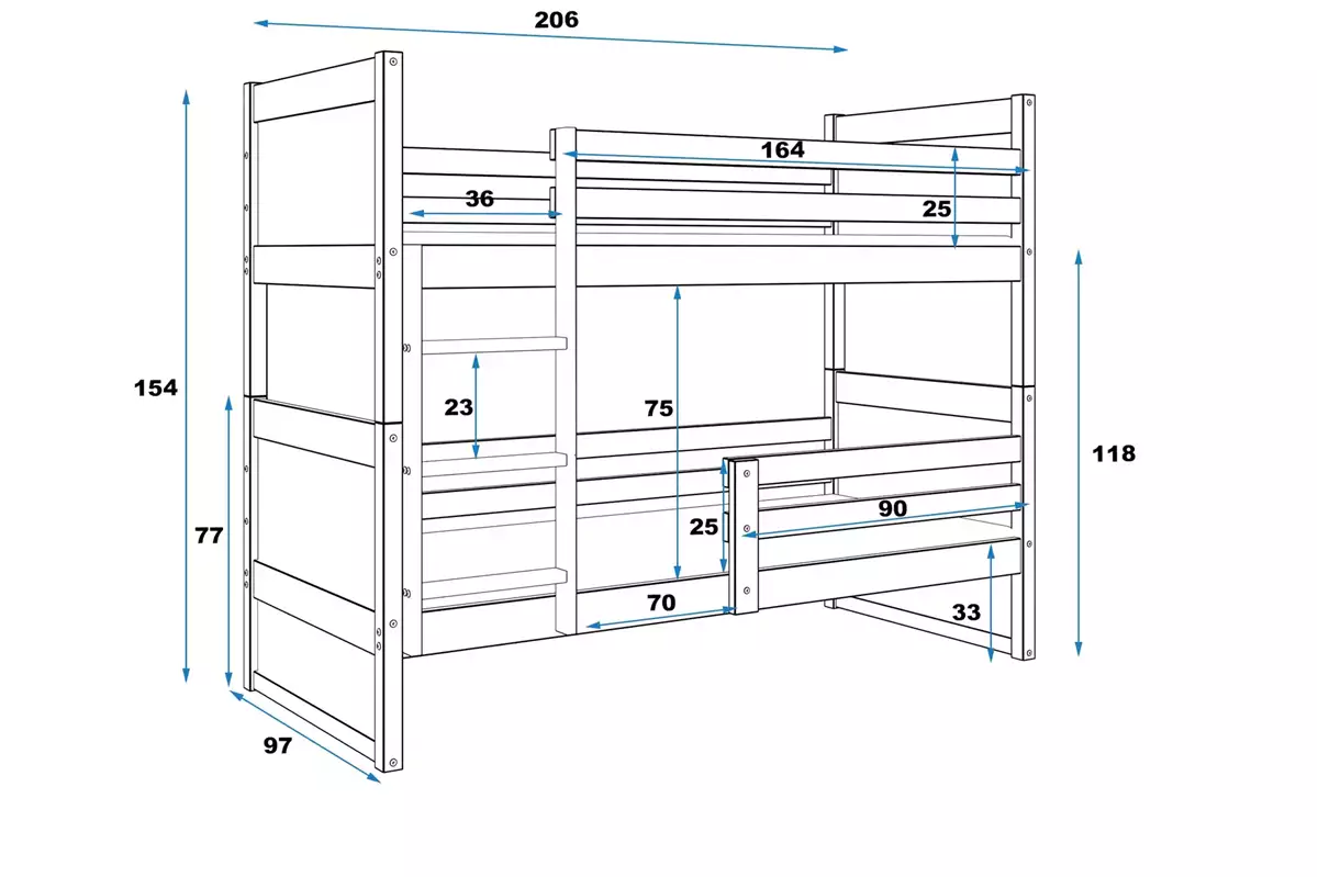 Dimensions et spécifications pour Lit ado superposé Rico 90X200 avec matelas, gris/bleu Dimensions et spécifications pour Lit ado superposé Rico 90X200 avec matelas, gris/bleu