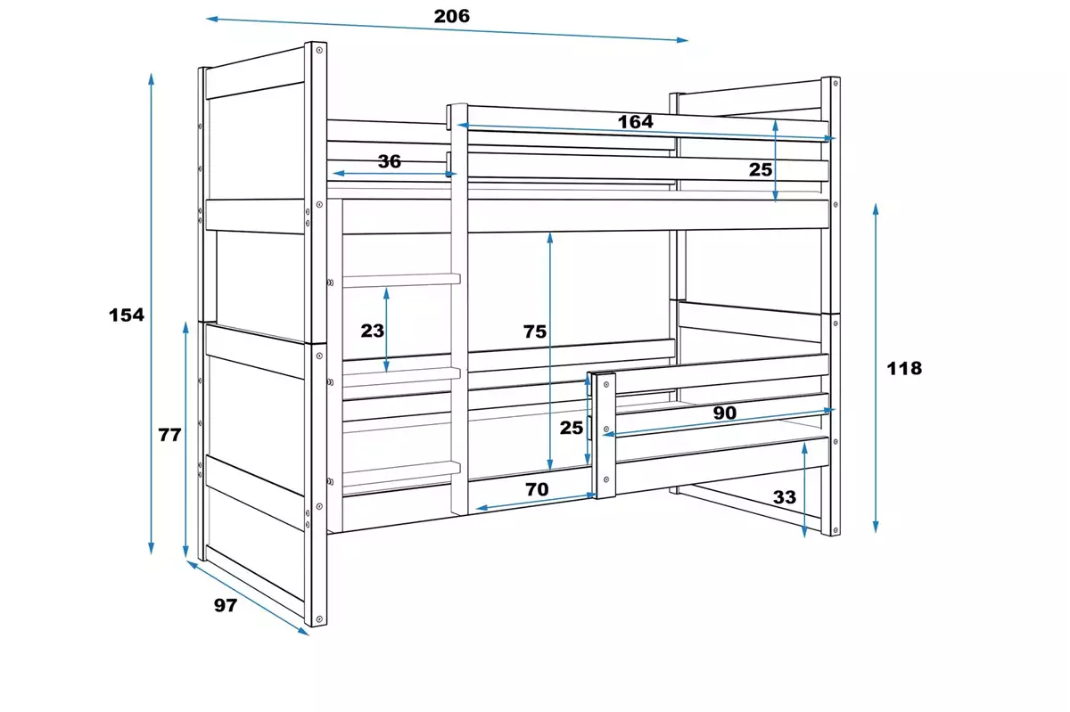 Dimensions et spécifications pour Lit ado superposé Rico 90X200 avec matelas, gris Dimensions et spécifications pour Lit ado superposé Rico 90X200 avec matelas, gris
