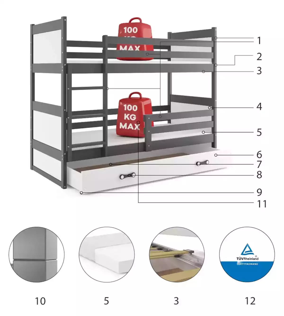 Composants pour Lit ado superposé Rico 90X200 avec tiroir, gris/blanc Composants pour Lit ado superposé Rico 90X200 avec tiroir, gris/blanc
