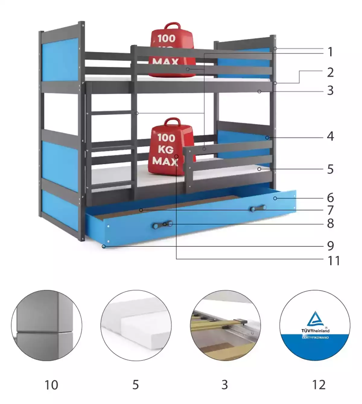 Composants pour Lit ado superposé Rico 90X200 avec tiroir, gris/bleu Composants pour Lit ado superposé Rico 90X200 avec tiroir, gris/bleu