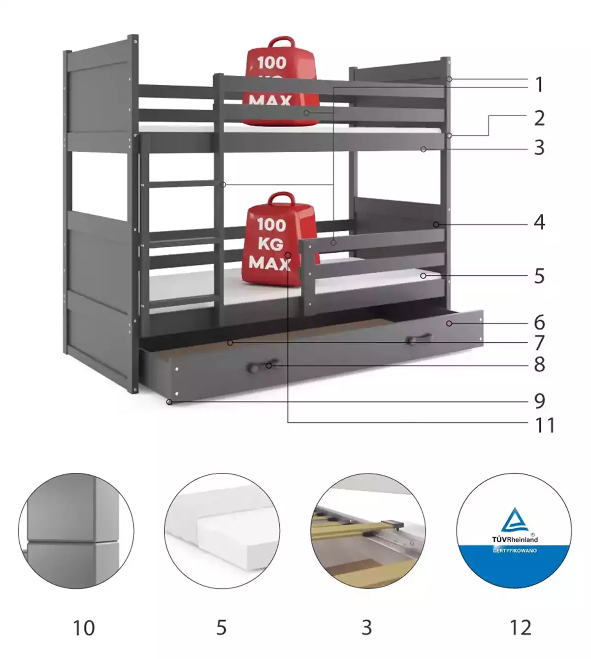 Composants pour Lit ado superposé Rico 90X200 avec tiroir, gris Composants pour Lit ado superposé Rico 90X200 avec tiroir, gris