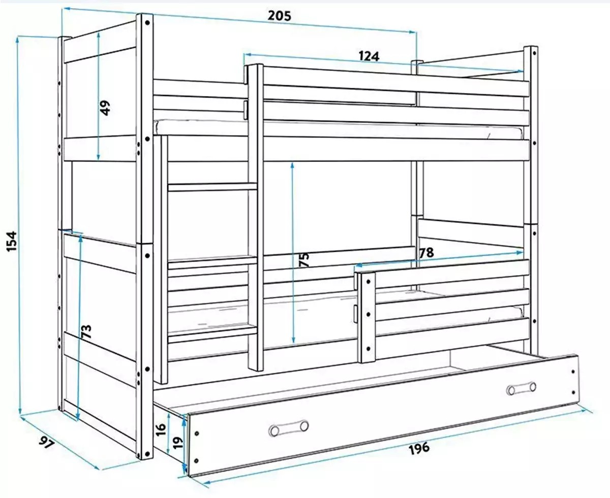 Dimensions et spécifications pour Lit ado superposé Rico 90X200 avec tiroir, gris/vert Dimensions et spécifications pour Lit ado superposé Rico 90X200 avec tiroir, gris/vert