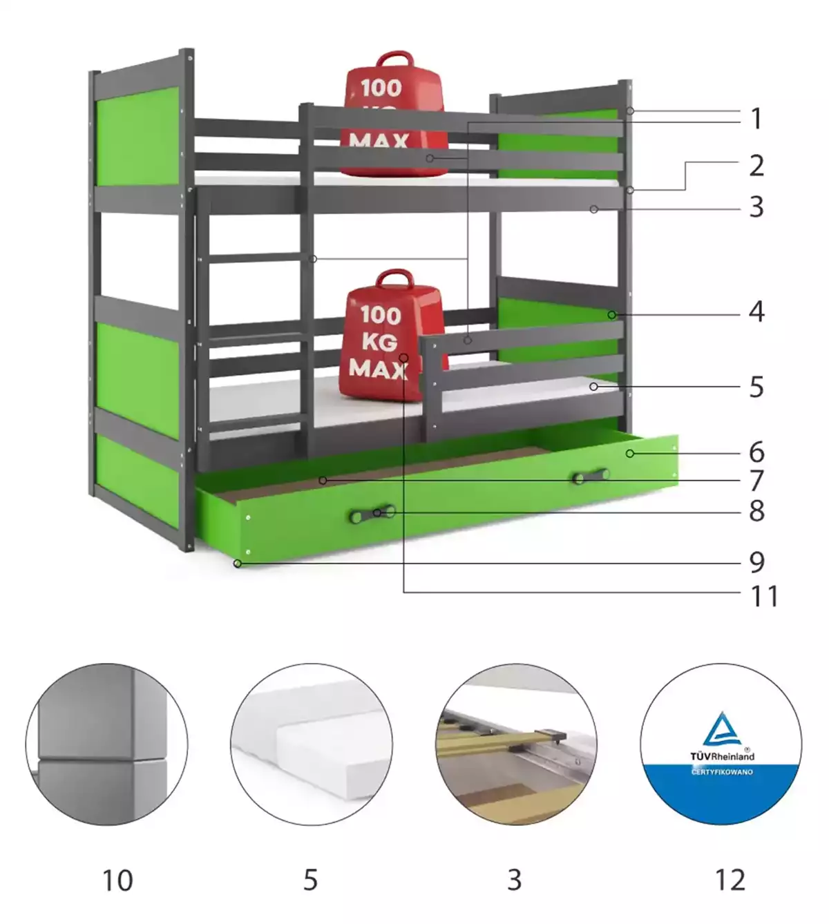 Composants pour Lit ado superposé Rico 90X200 avec tiroir, gris/vert Composants pour Lit ado superposé Rico 90X200 avec tiroir, gris/vert
