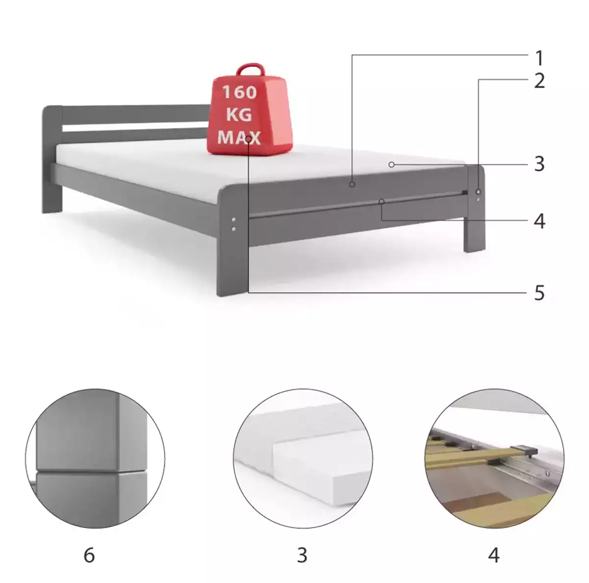 Composants pour Lit double Dallas 140X200 avec matelas, gris Composants pour Lit double Dallas 140X200 avec matelas, gris