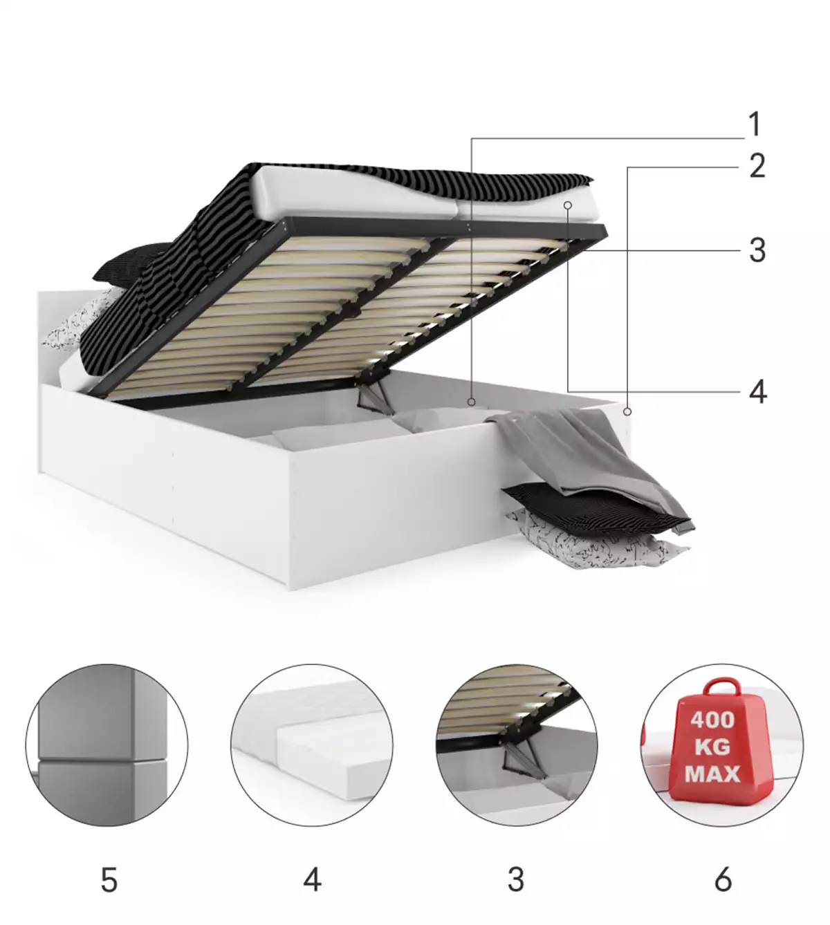 Composants pour Lit double Le Panamax 140X200 avec matelas et coffre, blanc Composants pour Lit double Le Panamax 140X200 avec matelas et coffre, blanc