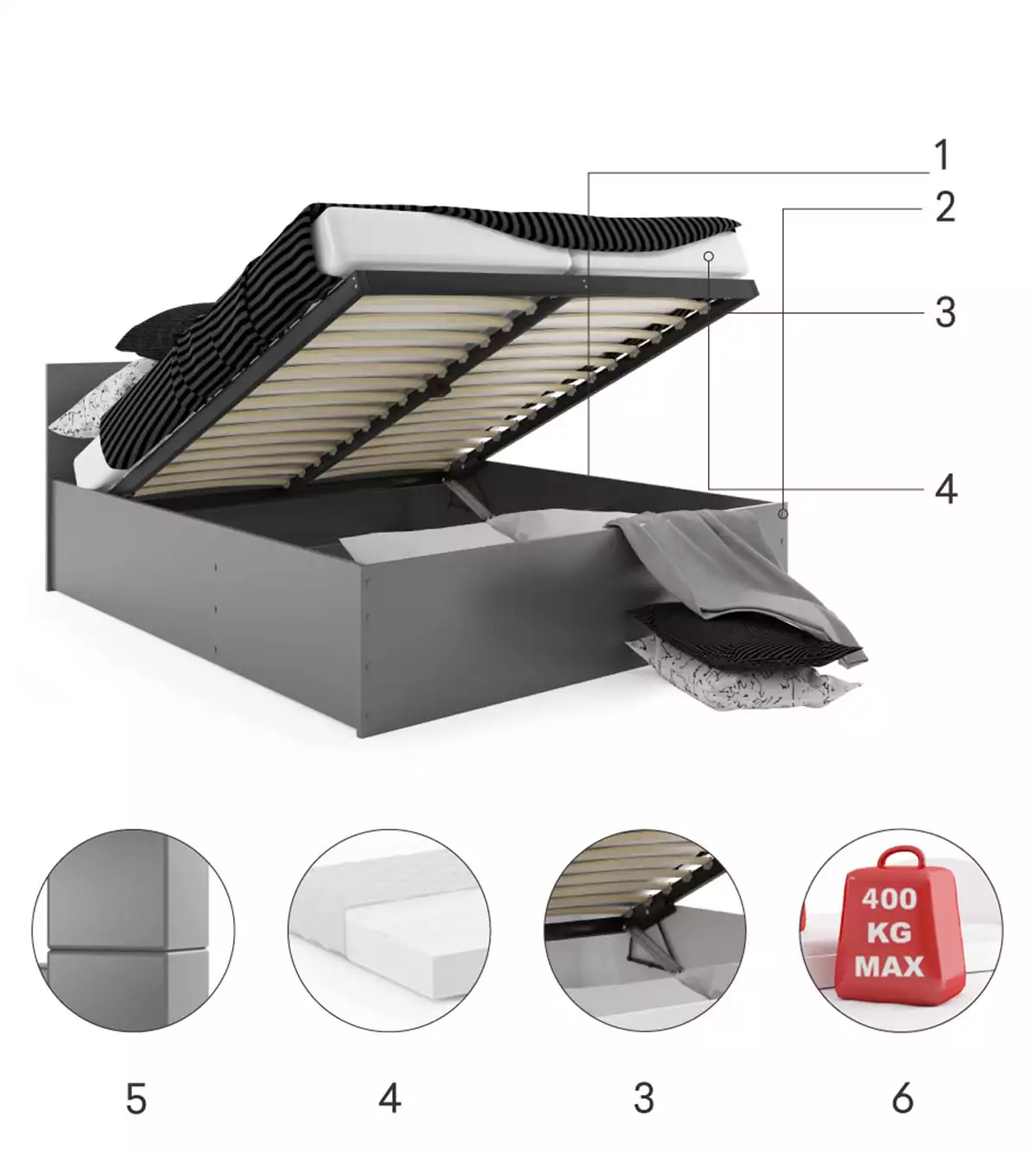 Composants pour Lit double Le Panamax 140X200 avec matelas et coffre, gris Composants pour Lit double Le Panamax 140X200 avec matelas et coffre, gris