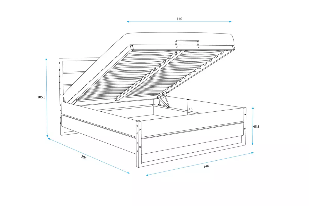 Dimensions et spécifications pour Lit double Loft 140X200 avec coffre, chêne Dimensions et spécifications pour Lit double Loft 140X200 avec coffre, chêne
