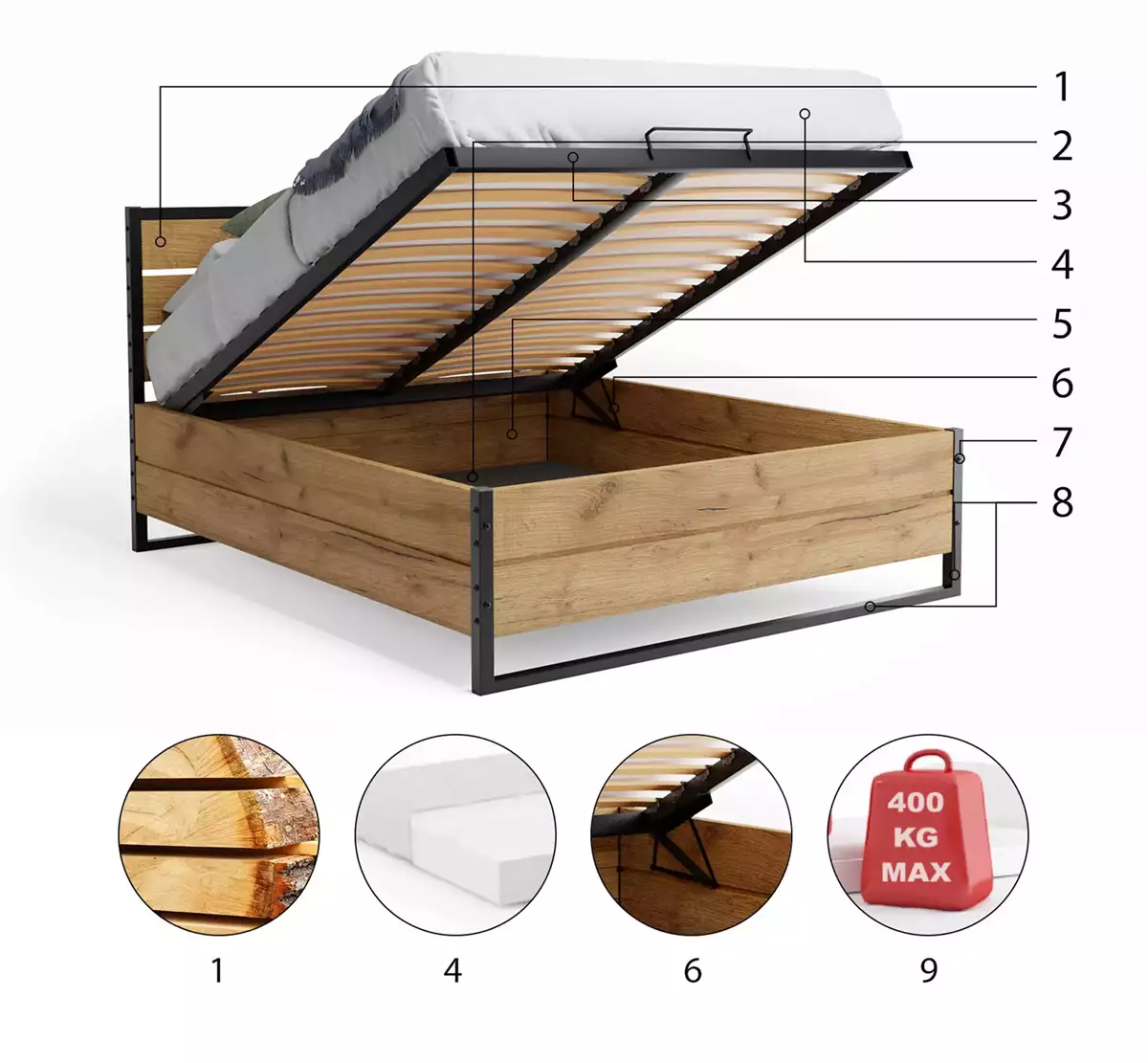Composants pour Lit double Loft 140X200 avec coffre, chêne Composants pour Lit double Loft 140X200 avec coffre, chêne
