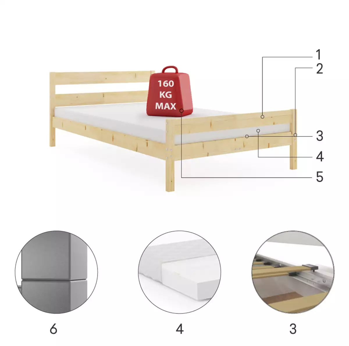 Lit double Orbis 140X200 avec matelas, bois naturel | Interbeds Czesci Skladowe Lit double Orbis 140X200 avec matelas, bois naturel Czesci Skladowe