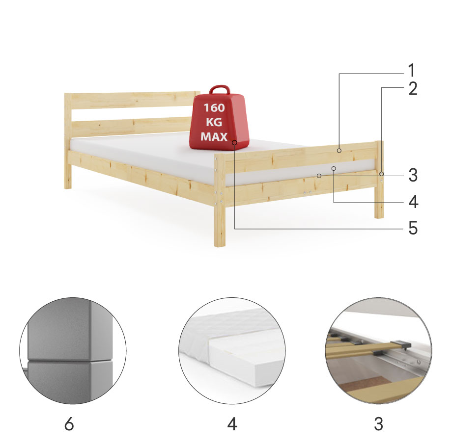 Lit double Orbis 160X200 avec matelas, bois naturel | Interbeds Czesci Skladowe Lit double Orbis 160X200 avec matelas, bois naturel Czesci Skladowe