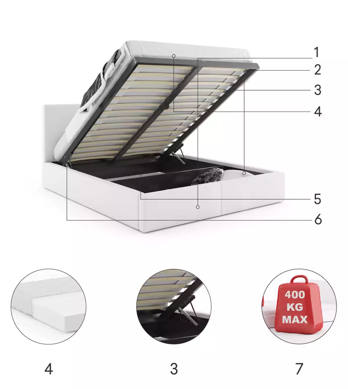Composants pour Lit double rembourré Le Hilton 120X200 avec coffre, blanc Composants pour Lit double rembourré Le Hilton 120X200 avec coffre, blanc