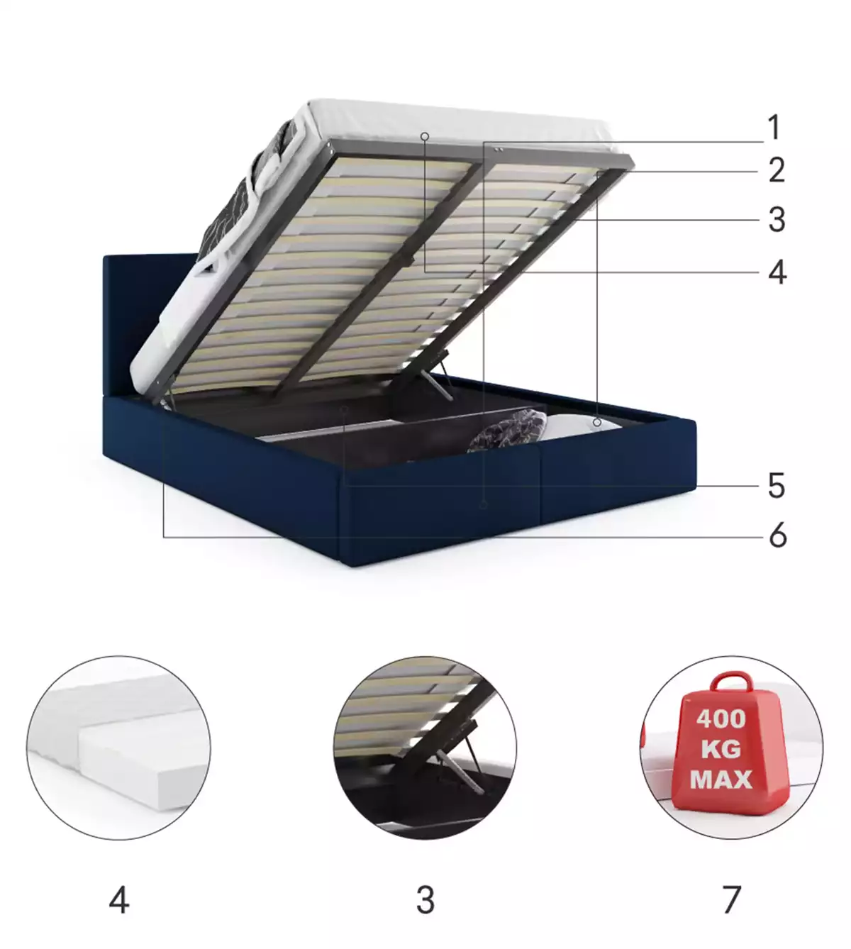 Composants pour Lit double rembourré Le Hilton 120X200 avec coffre, bleu Composants pour Lit double rembourré Le Hilton 120X200 avec coffre, bleu