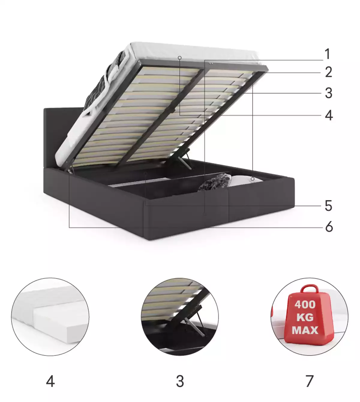 Composants pour Lit double rembourré Le Hilton 120X200 avec coffre, gris Composants pour Lit double rembourré Le Hilton 120X200 avec coffre, gris